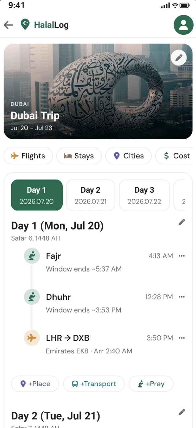 HalalLog trip screen: a Dubai trip with Day 1 prayer times and a flight in one timeline