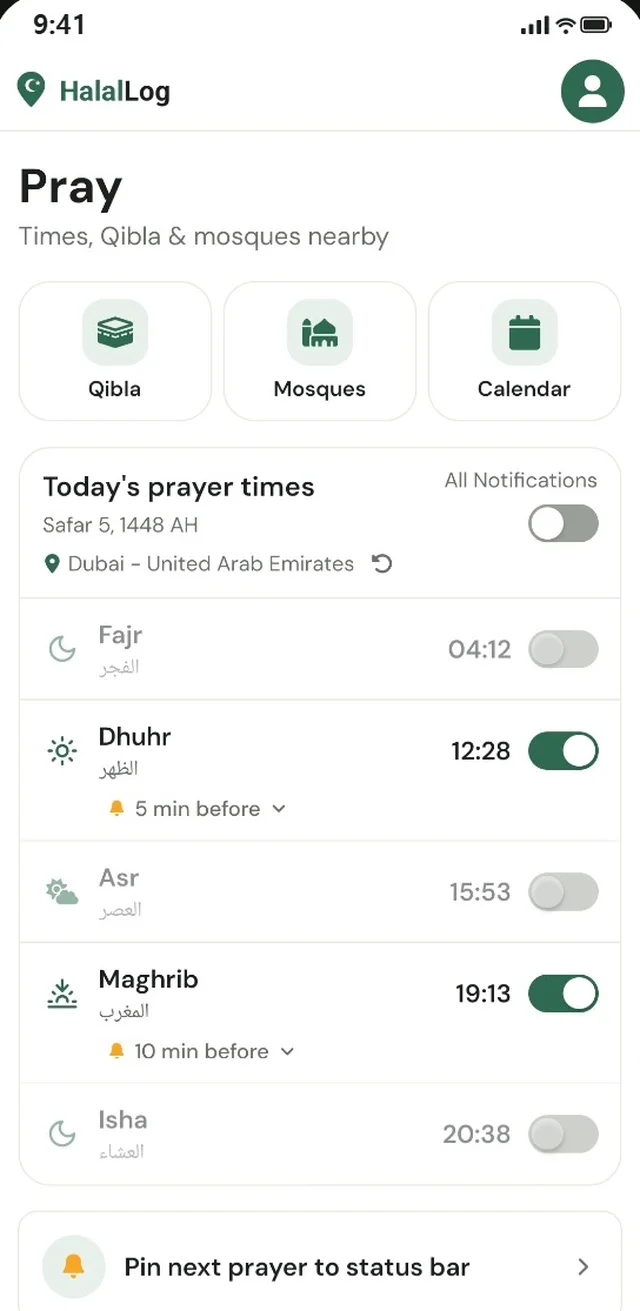 Pray: today's prayer times for Dubai with reminders per prayer