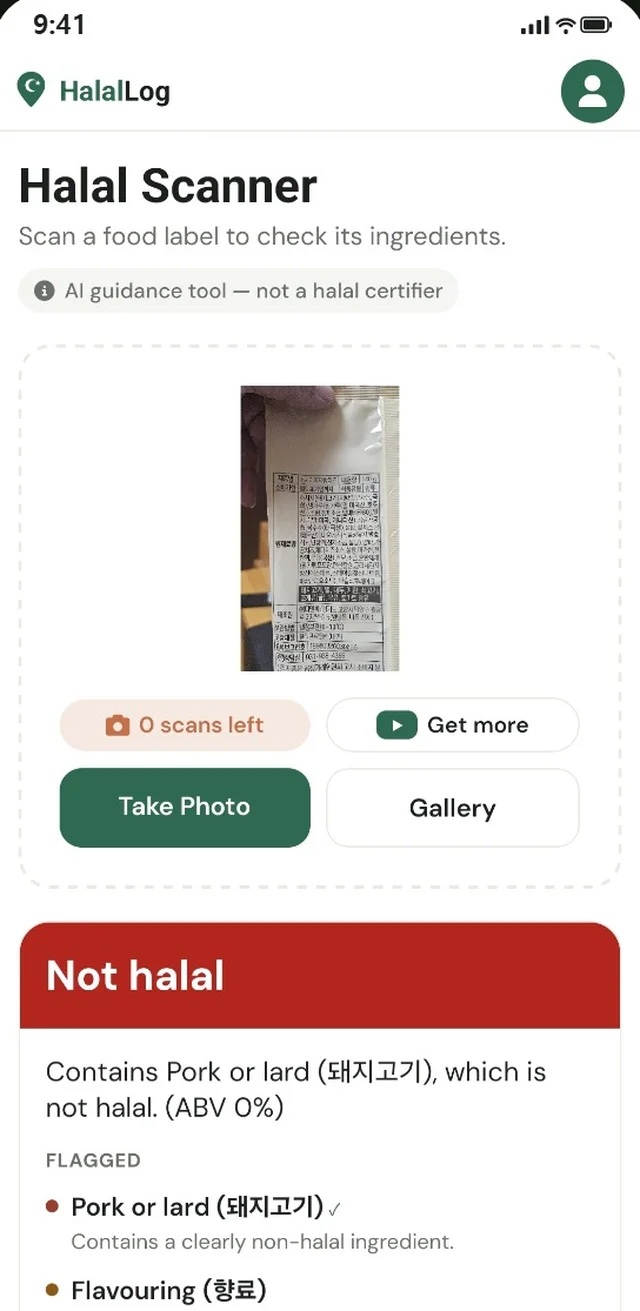Halal Scanner: a photographed label read as not halal, with the flagged ingredients
